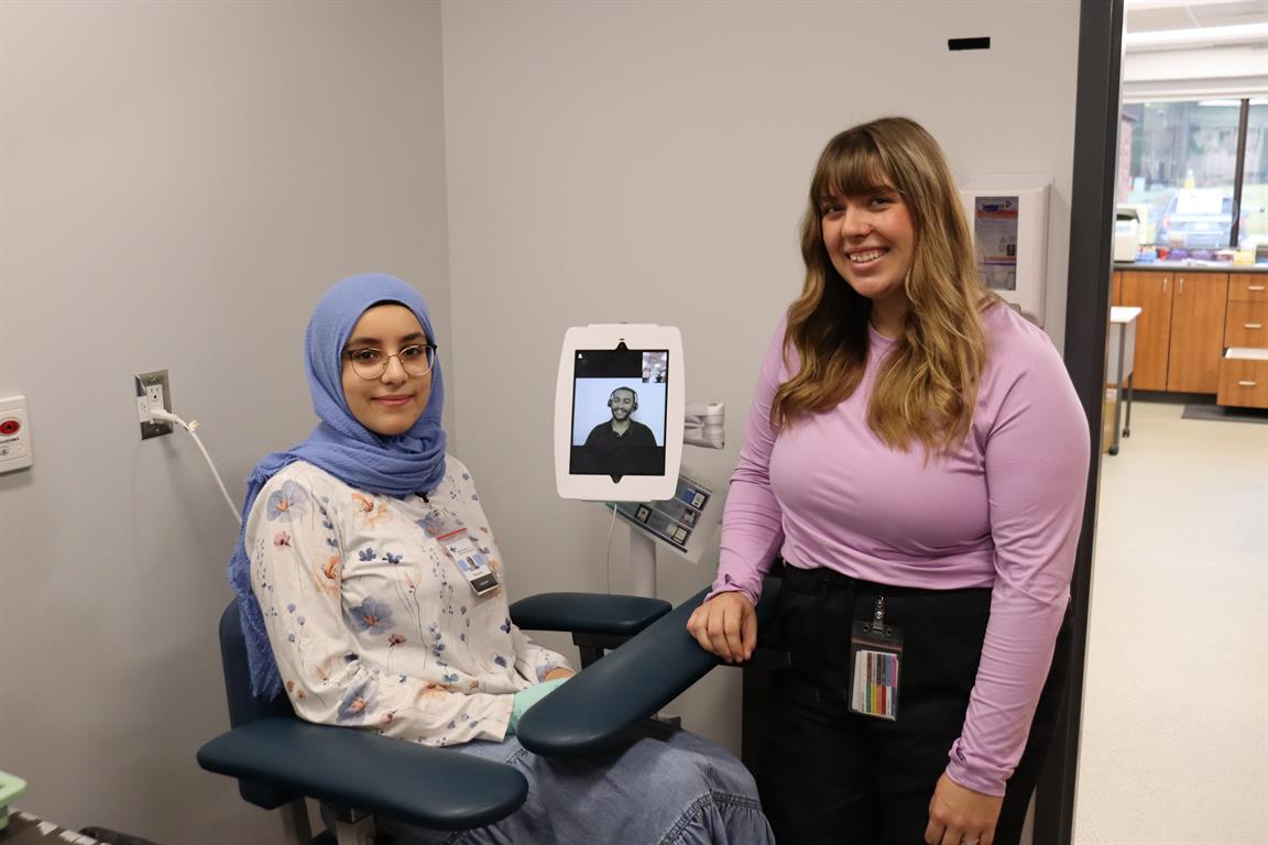 Pictured here on November 21, 2024 trialing DRDH’s new translation service through the Voyce app in the Laboratory are Maryam, Vanessa, and interpreter Assem. 